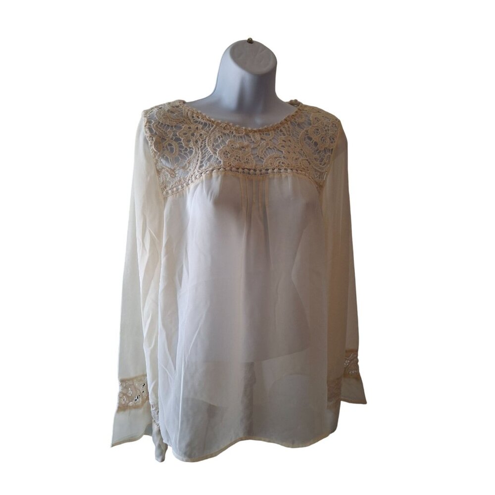 Paper Crane Cream Lace Blouse  M Boho Coquette Soft Girl Sheer Top Romantic